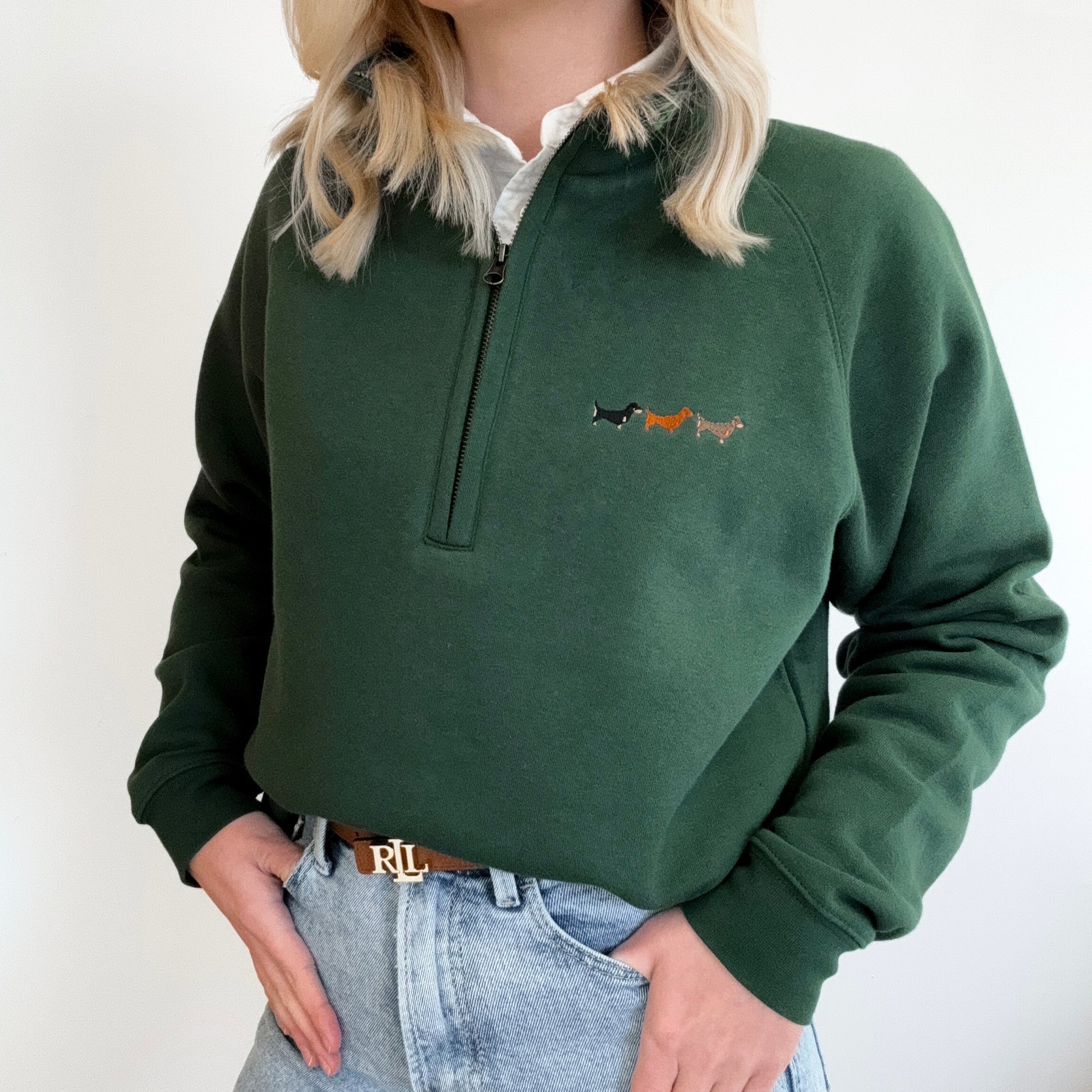Embroidered Zip Neck Sweat - Dachshunds - Forest Green