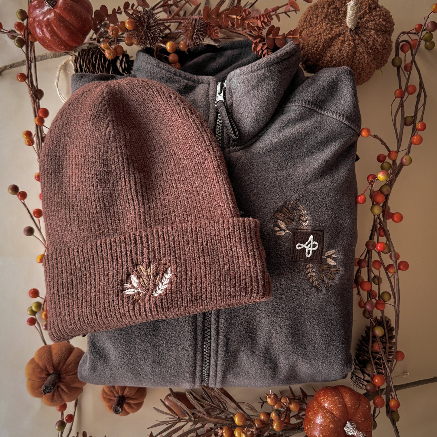 Embroidered Full Zip Fleece - Whispers Of Fall - Chocolate