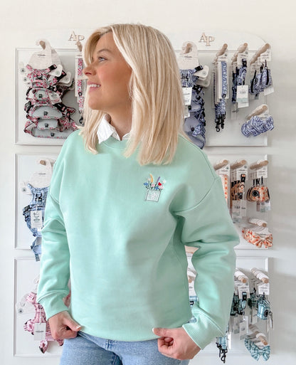 Embroidered Premium Oversized Sweatshirt - Wildflower Meadow - Fresh Mint