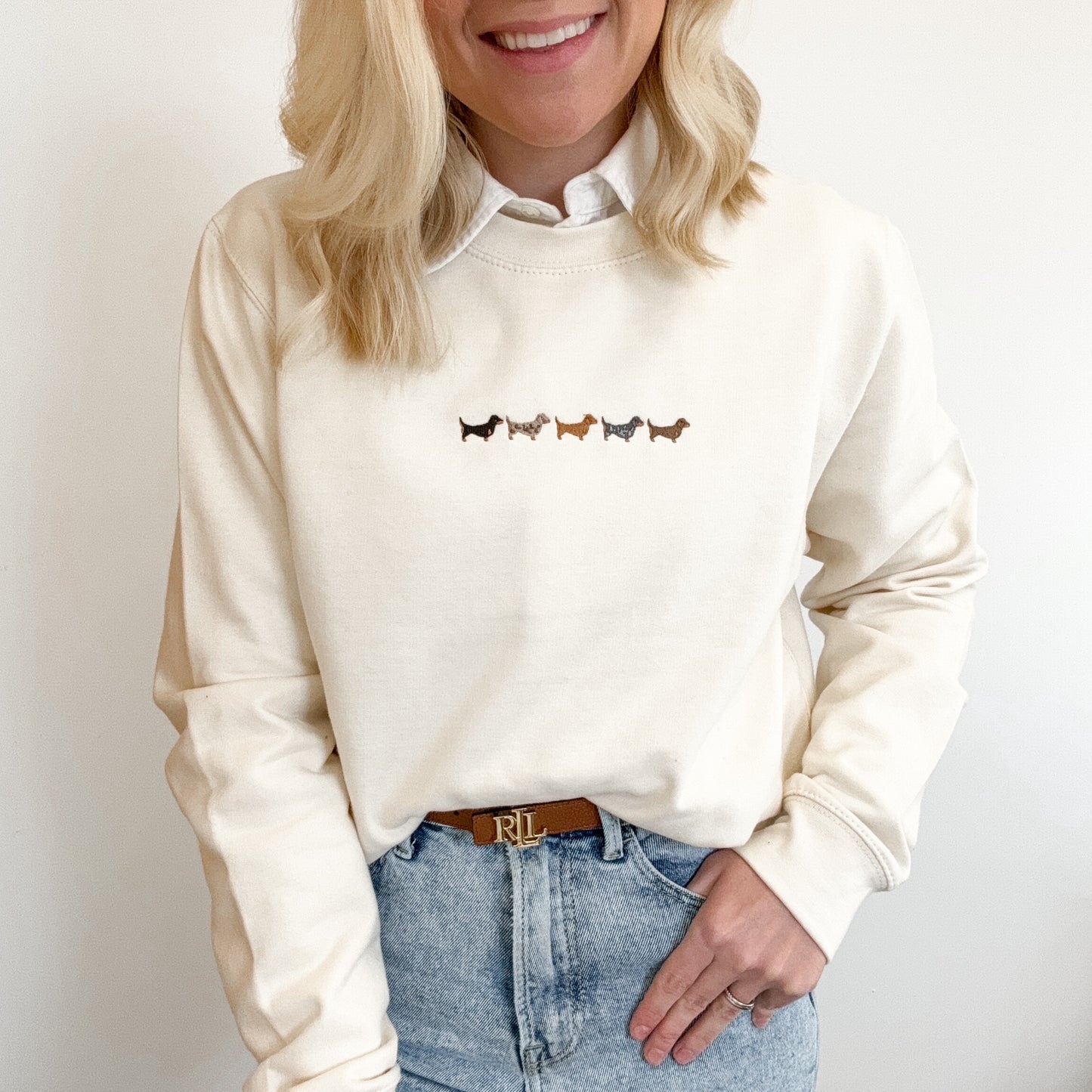 Embroidered Lightweight Sweatshirt - Dachshunds - Vanilla