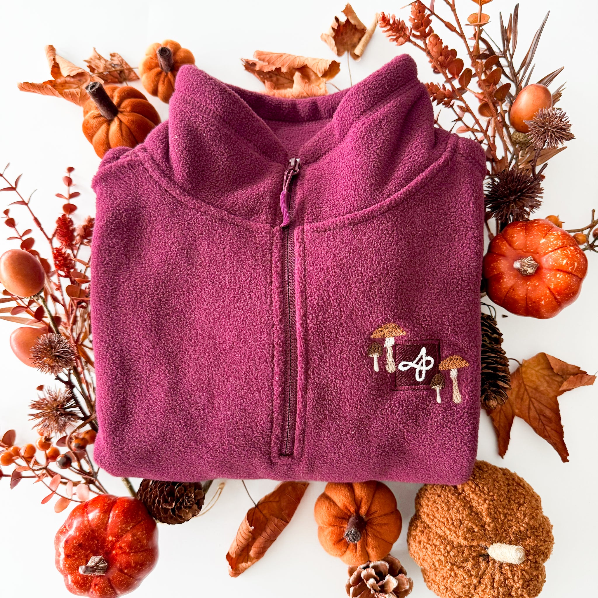 Embroidered Outdoor Zip Neck Fleece - Mulberry Mushrooms - Mulberry