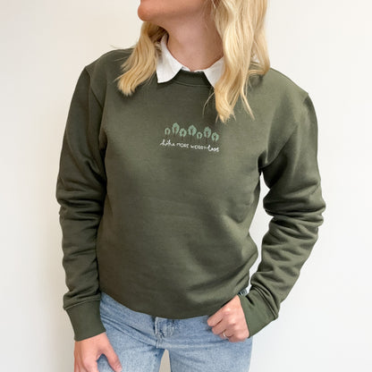 Embroidered Signature Sweatshirt - Hike More, Worry Less - Olive Green