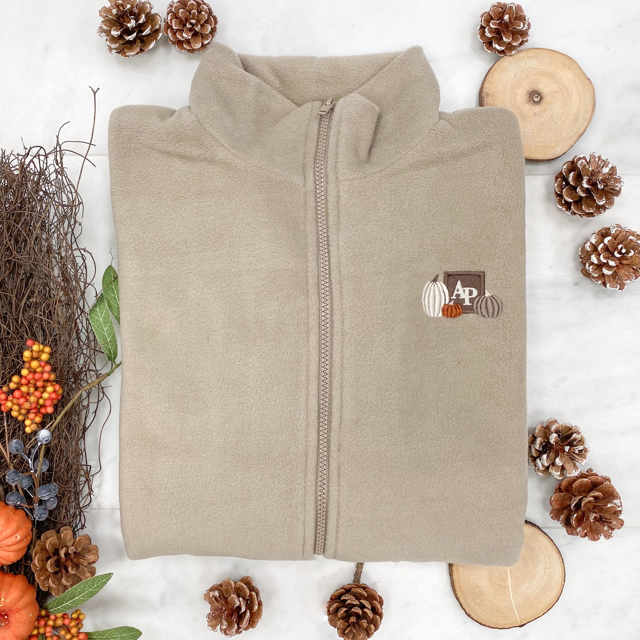 Embroidered Oversized Outdoor Full Zip Fleece - Autumn Pumpkins