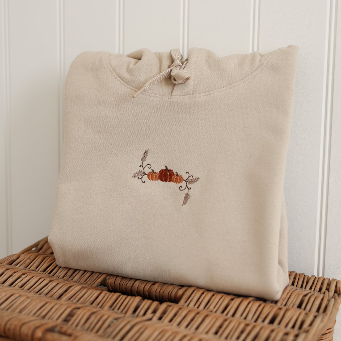 Embroidered Cotton Blend Hoodie - Pumpkin Farm - Sand