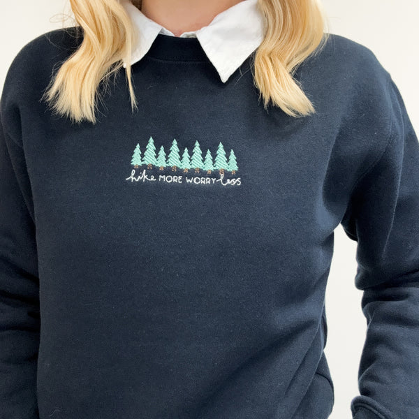 Embroidered Signature Sweatshirt - Hike More, Worry Less - Navy