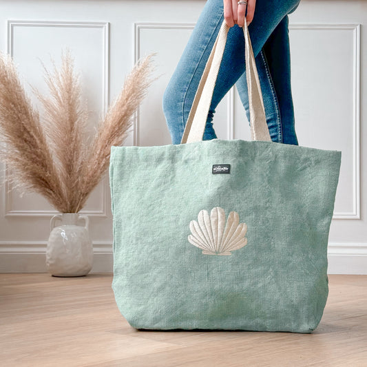 Embroidered Soft Washed Jute Beach Bag - Pebble Bay - Duck Egg Blue