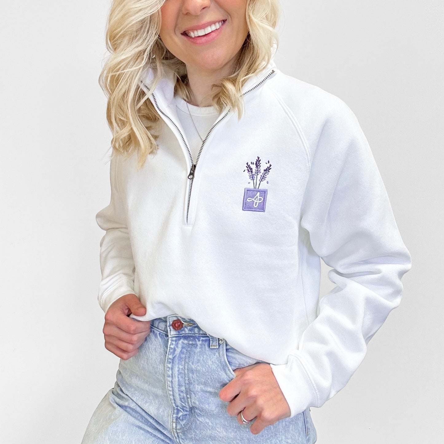 Embroidered Zip Neck Sweat - Lavender Haze - White