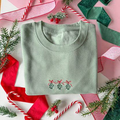 Embroidered Lightweight Sweatshirt - Christmas Traditions - Sage