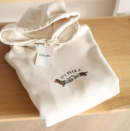 Embroidered Organic Hoodie - 'It's been a long day' - Ecru - Brown & Tan Dachshund - SAMPLE - Multiple Sizes