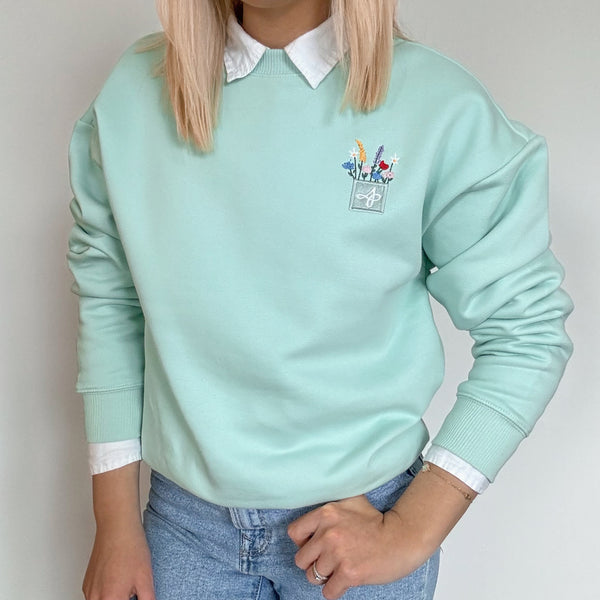 Embroidered Premium Oversized Sweatshirt - Wildflower Meadow - Fresh Mint