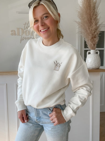 Embroidered Premium Oversized Sweatshirt - Coastal Beach Grass - Ivory