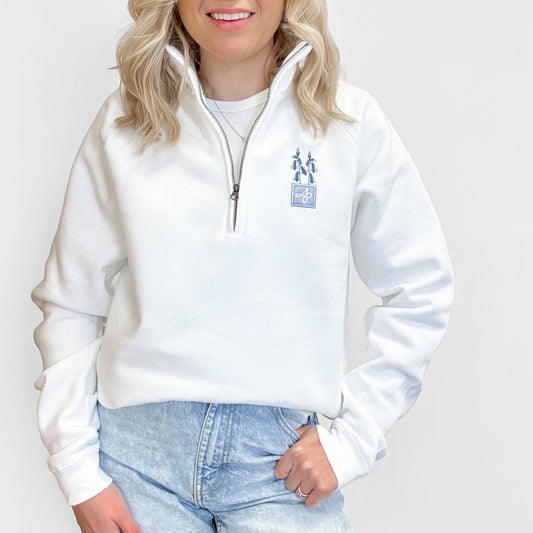 Embroidered Zip Neck Sweat - Bluebell Bliss - White