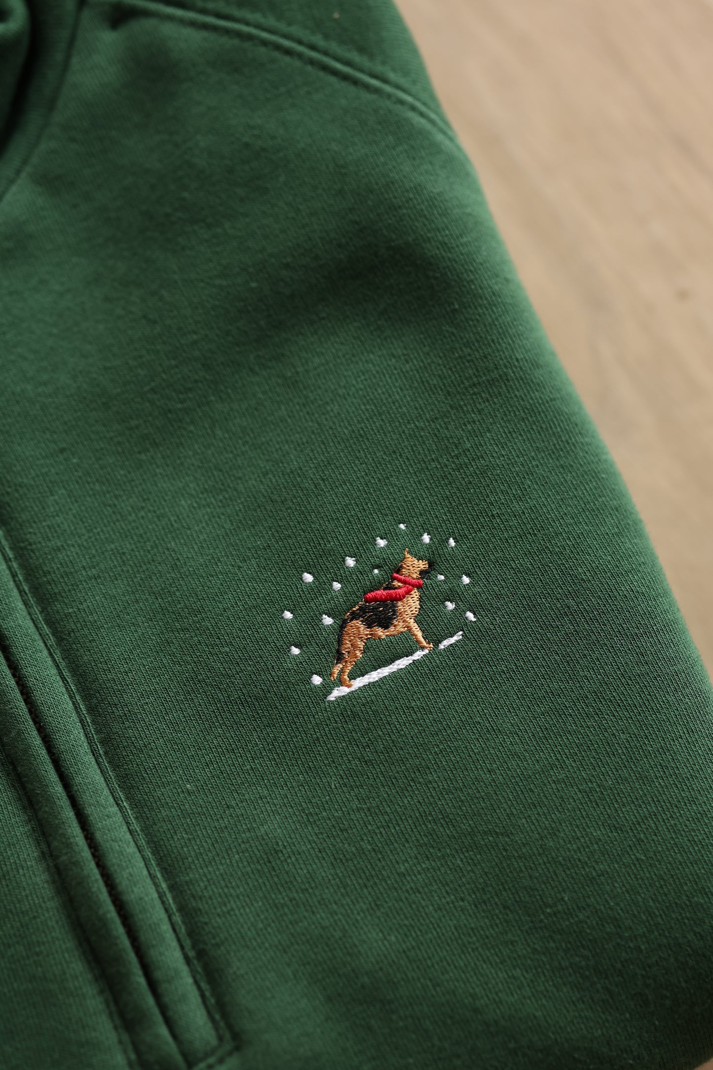 Embroidered Christmas Zip Neck Sweat - German Shepherd - Forest Green - SAMPLE