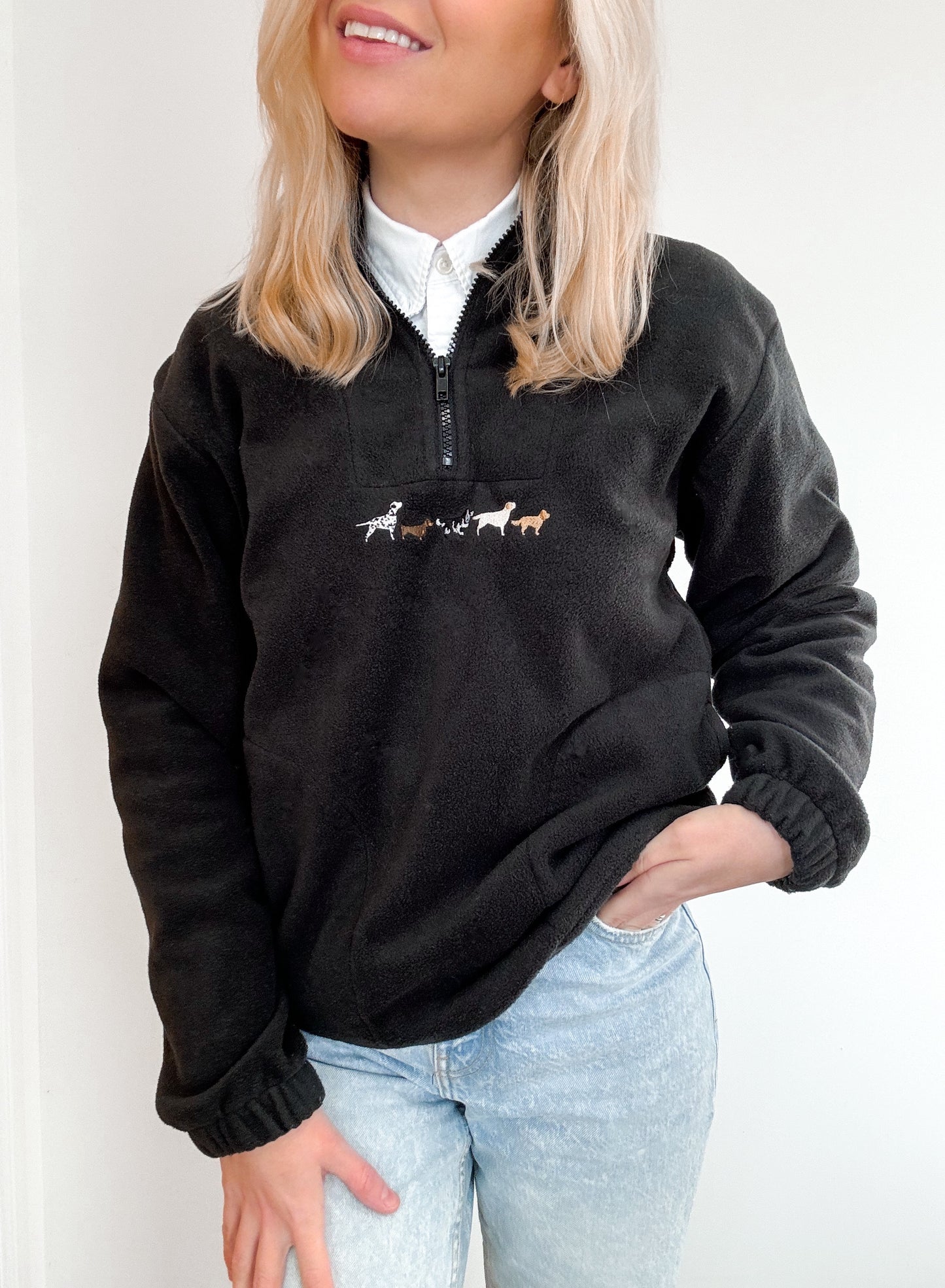 Embroidered Oversized Outdoor Zip Neck Fleece - Mixed Breed - Black