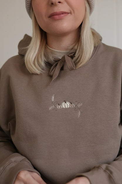 Embroidered Cotton Blend Hoodie - Pumpkin Farm - Mocha