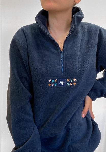 Embroidered Oversized Outdoor Zip Neck Fleece - Lots Of Love - Navy