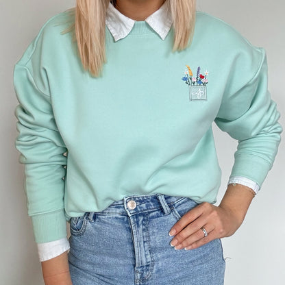 Embroidered Premium Oversized Sweatshirt - Wildflower Meadow - Fresh Mint