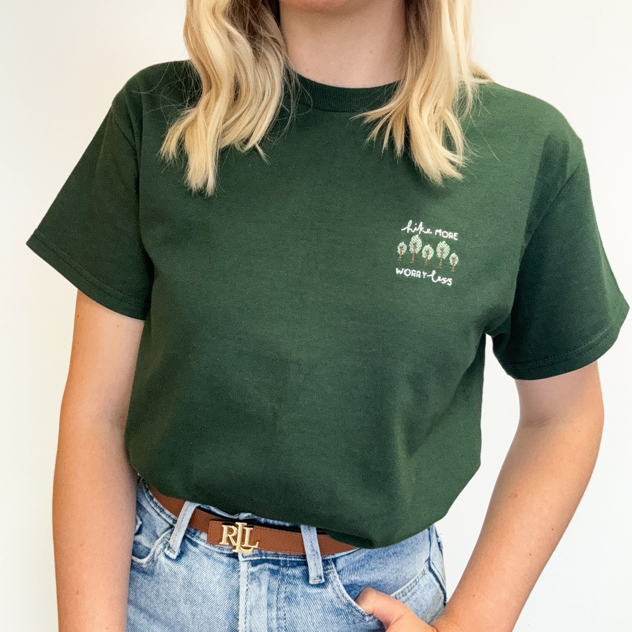 Embroidered AP T-Shirt - Hike More, Worry Less - Forest Green