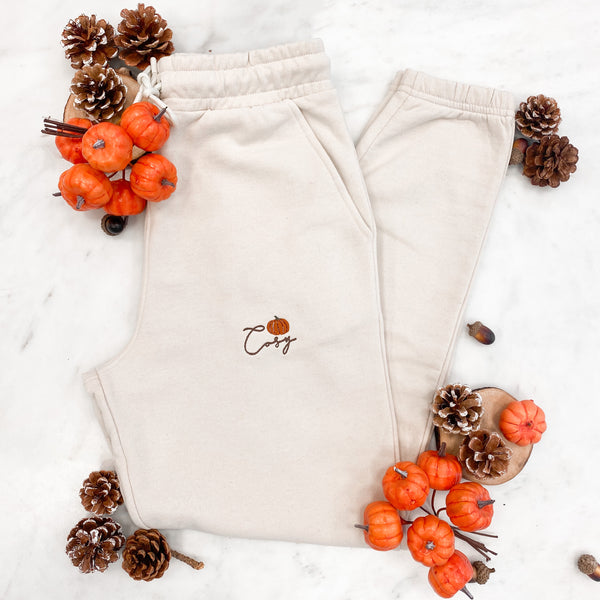 Embroidered Recycled Joggers - COSY Pumpkin - Light Stone