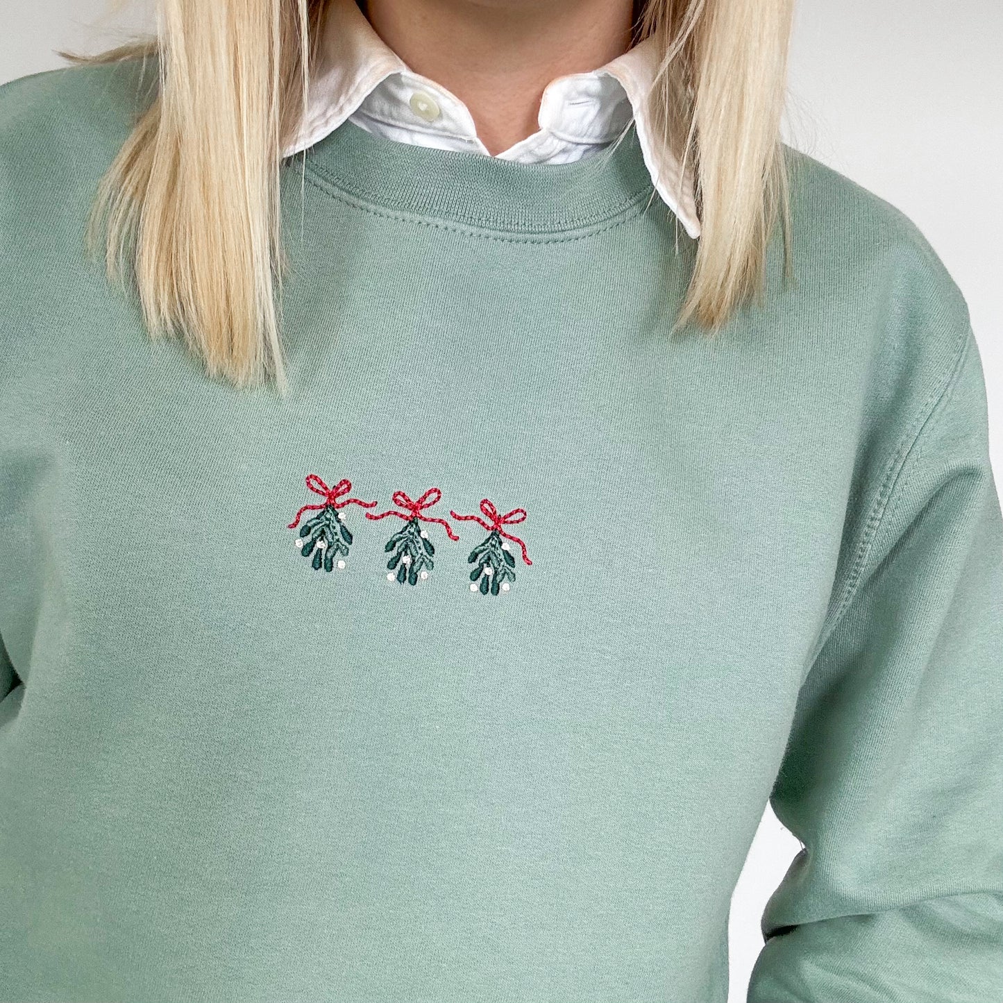 Embroidered Lightweight Sweatshirt - Christmas Traditions - Sage