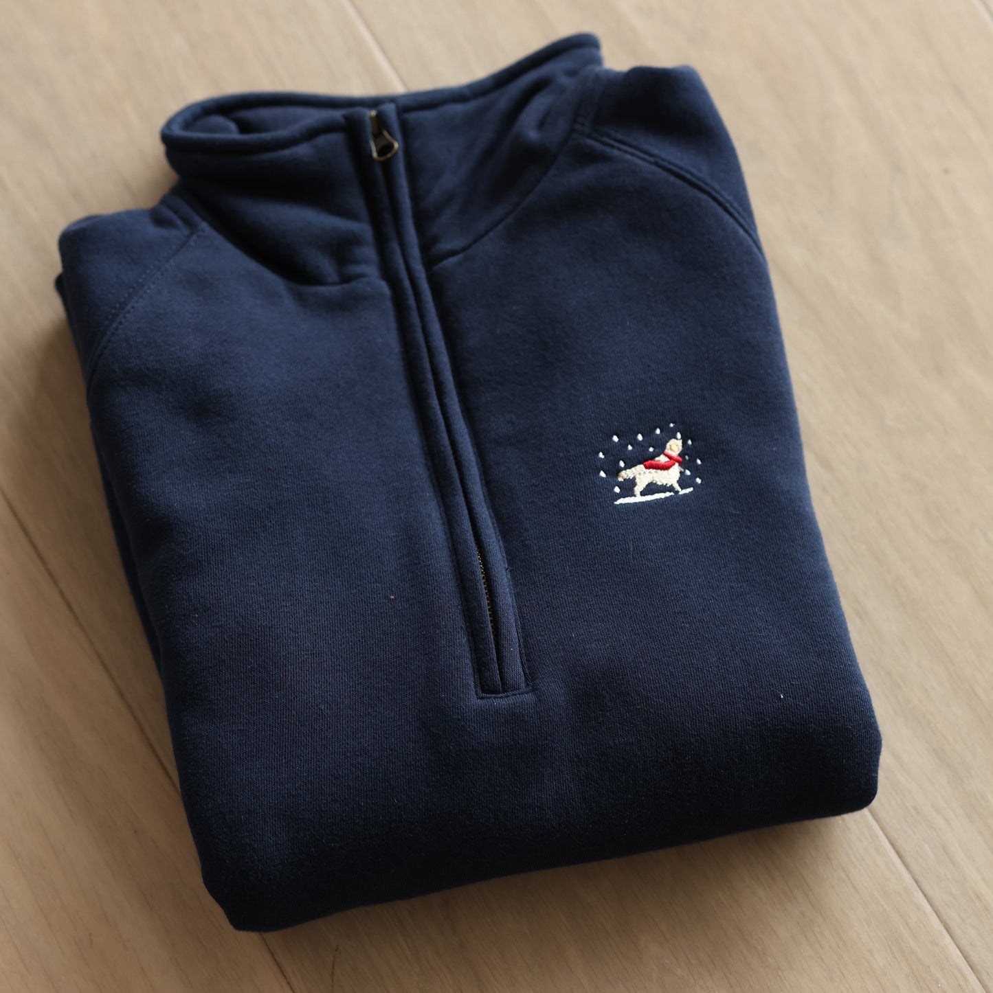 Embroidered Christmas Zip Neck Sweat - Golden Retriever - Navy - SAMPLE - Small