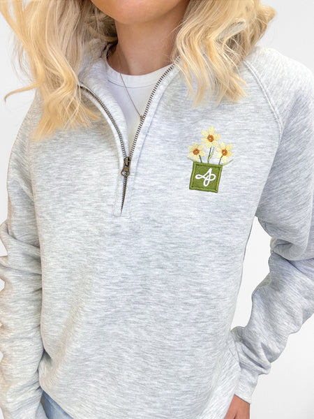 Embroidered Zip Neck Sweat - Delicate Daffodils - Grey
