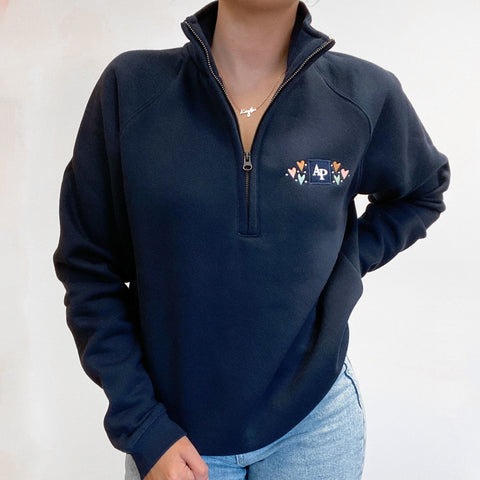 Embroidered AP Zip Neck Sweat - Lots Of Love - Navy