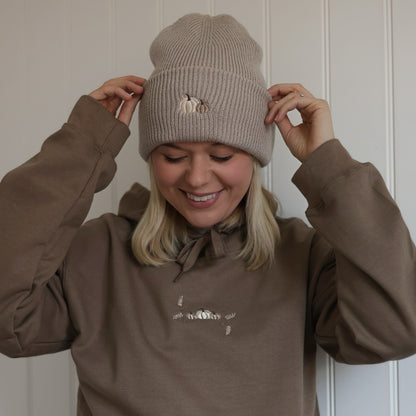 Embroidered Cotton Blend Hoodie - Pumpkin Farm - Mocha