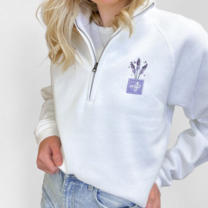 Embroidered Zip Neck Sweat - Lavender Haze - White