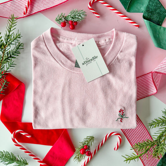 Embroidered AP T-Shirt - Candy Cane - Light Pink