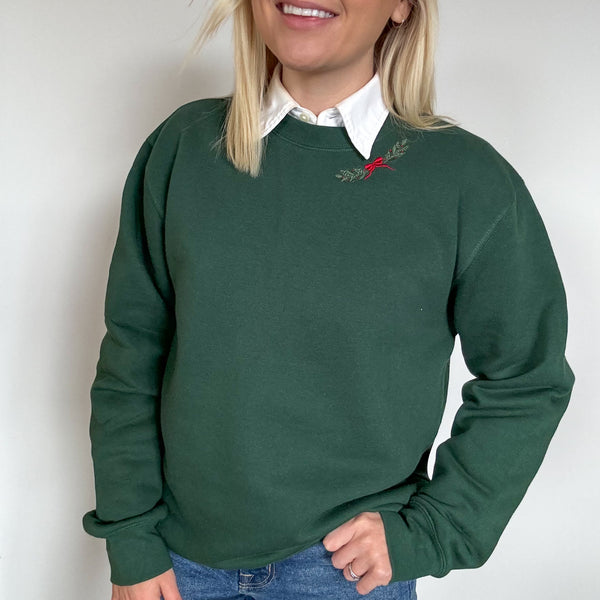 Embroidered Signature Sweatshirt - Garlands Of Evergreen - Forest Green