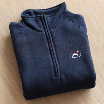 Embroidered Christmas Zip Neck Sweat - Greyhound / Whippet - Navy - SAMPLE - Small