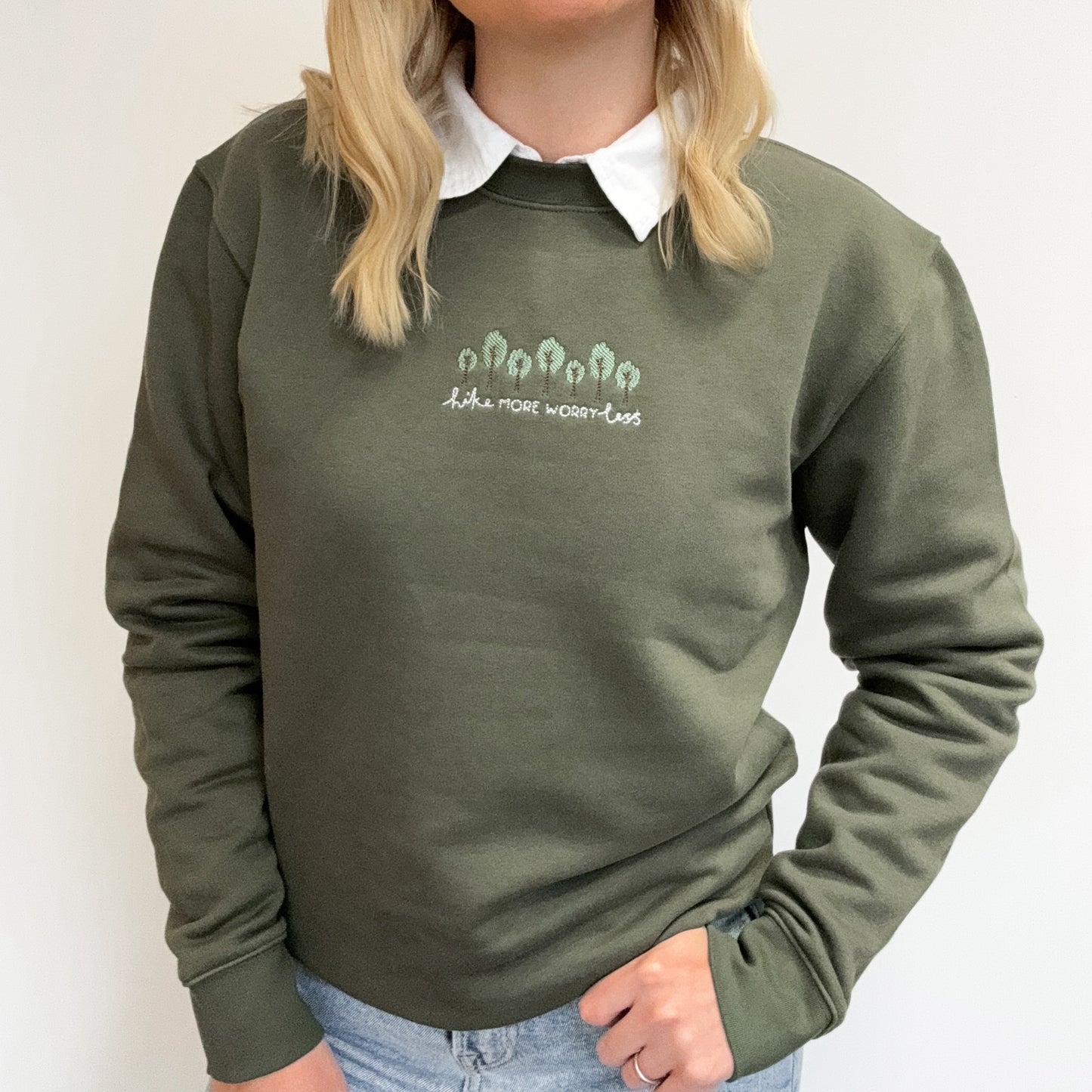 Embroidered Signature Sweatshirt - Hike More, Worry Less - Olive Green