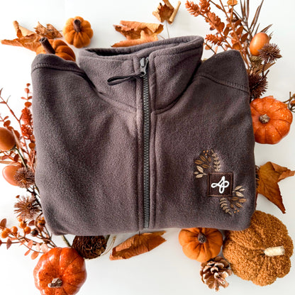 Embroidered Full Zip Fleece - Whispers Of Fall - Chocolate