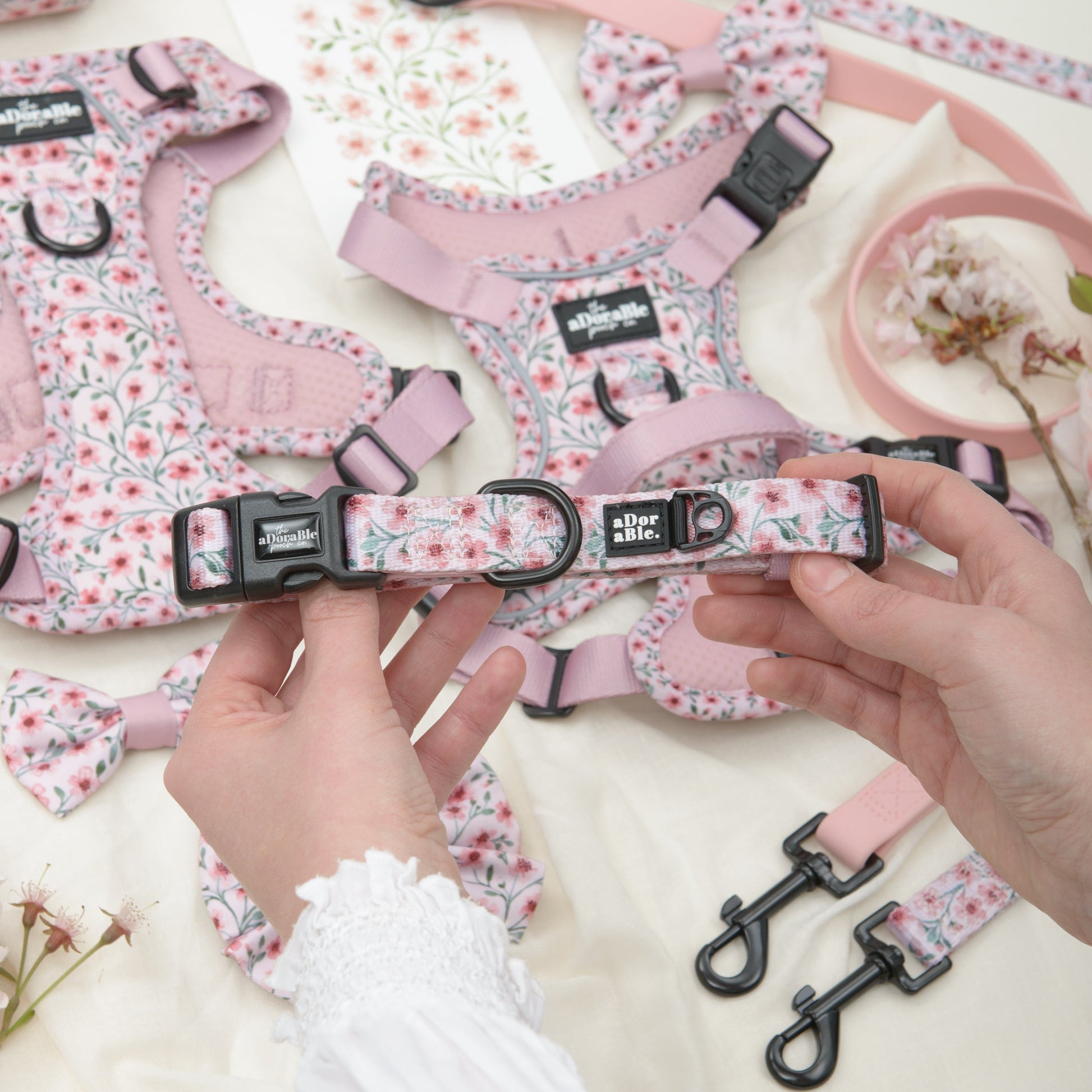 Floral-patterned dog harnesses and lead with a hand holding a collar, on a light background.