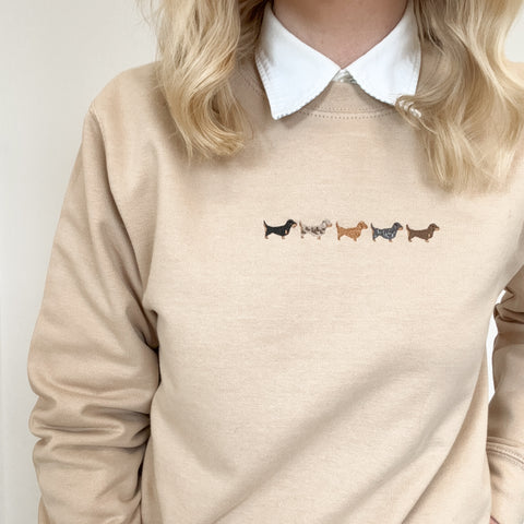 Embroidered Lightweight Sweatshirt - Dachshunds - Caramel