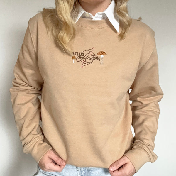 Embroidered Lightweight Sweatshirt - Mulberry Mushrooms - Sand