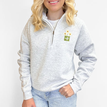 Embroidered Zip Neck Sweat - Delicate Daffodils - Grey