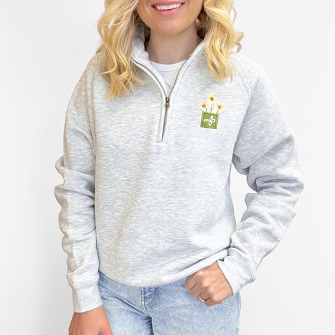 Embroidered Zip Neck Sweat - Delicate Daffodils - Grey