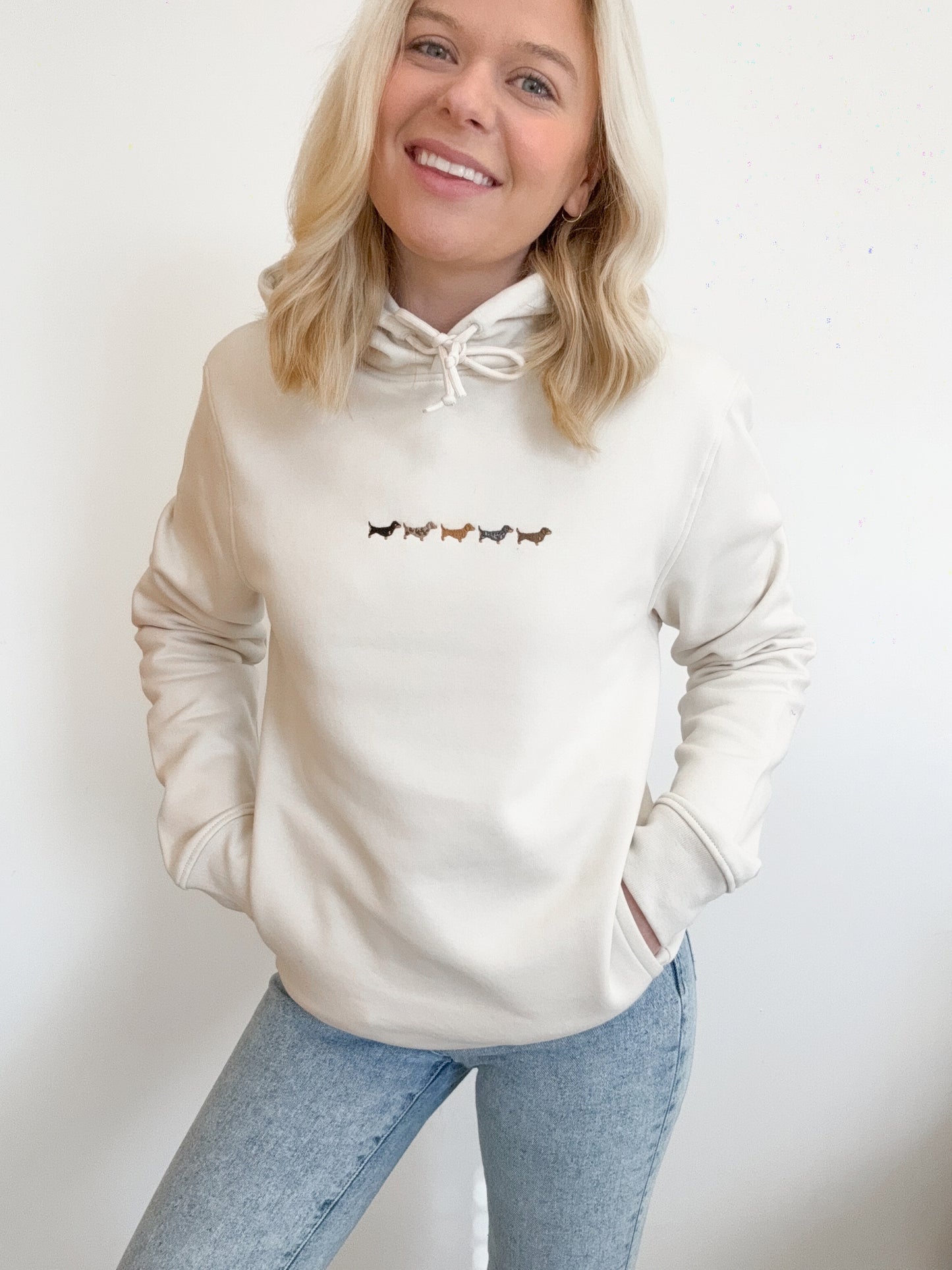 Embroidered Organic Hoodie - Dachshunds - Ecru