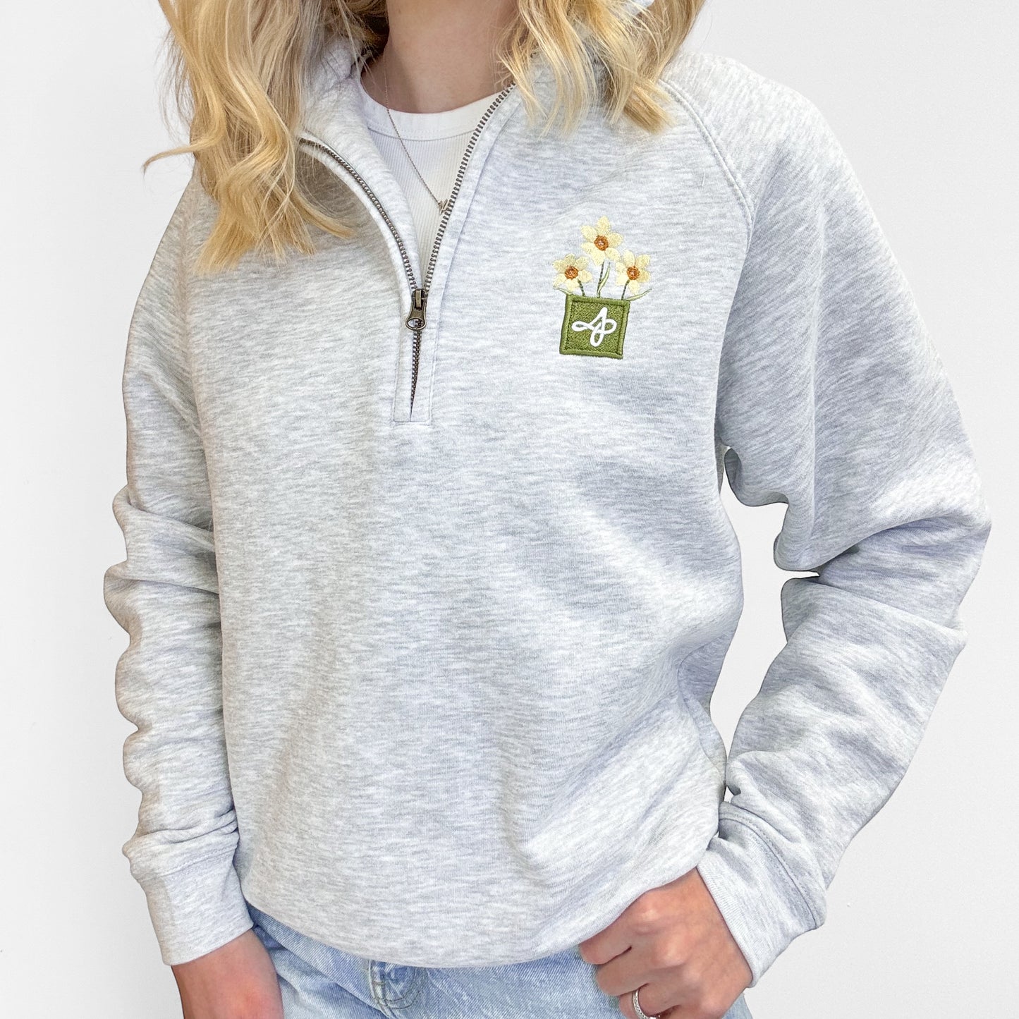 Embroidered Zip Neck Sweat - Delicate Daffodils - Grey