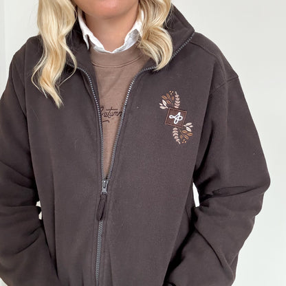 Embroidered Full Zip Fleece - Whispers Of Fall - Chocolate