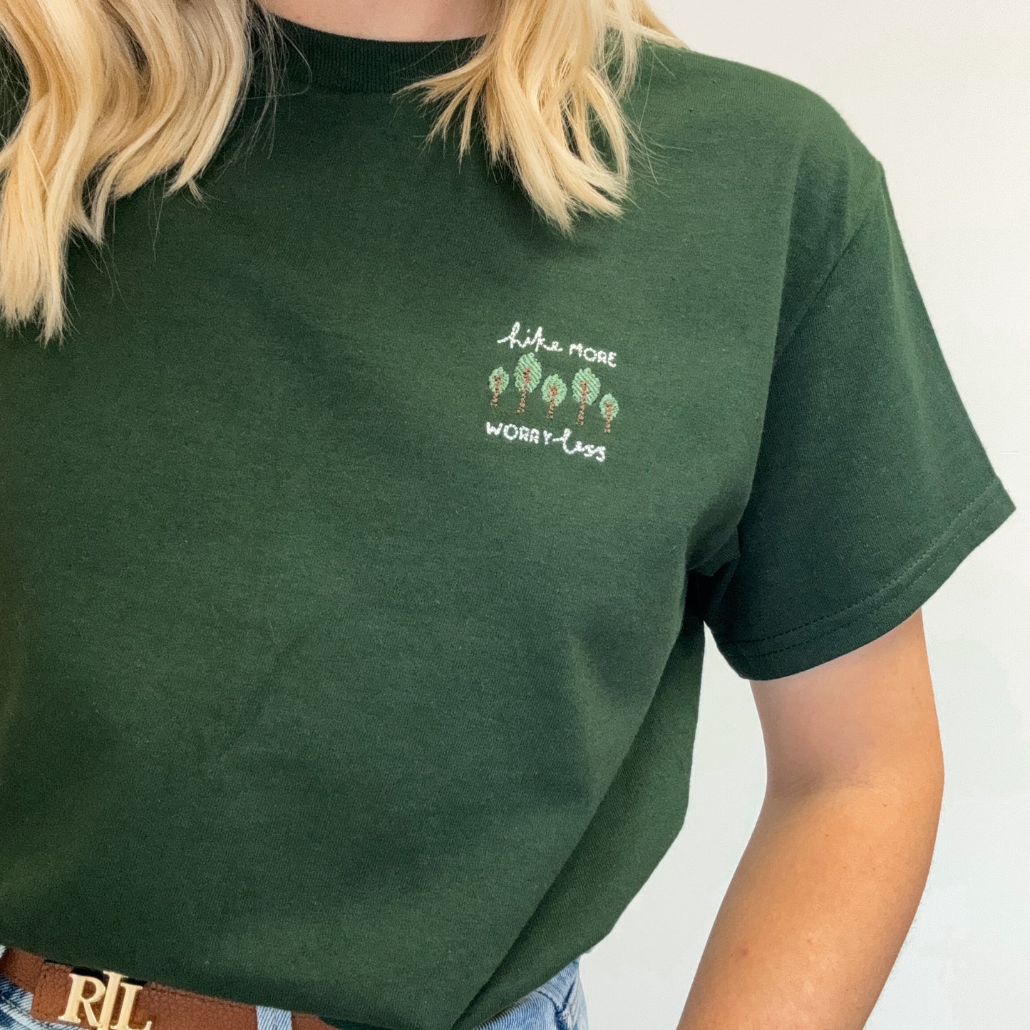 Embroidered AP T-Shirt - Hike More, Worry Less - Forest Green