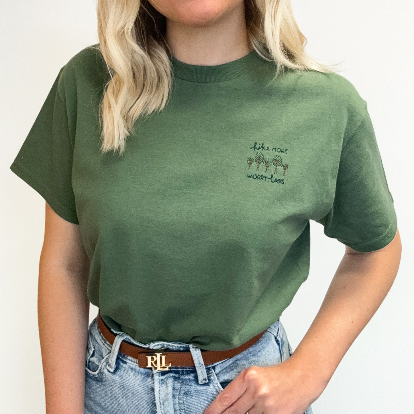 Embroidered AP T-Shirt - Hike More, Worry Less - Deep Sage