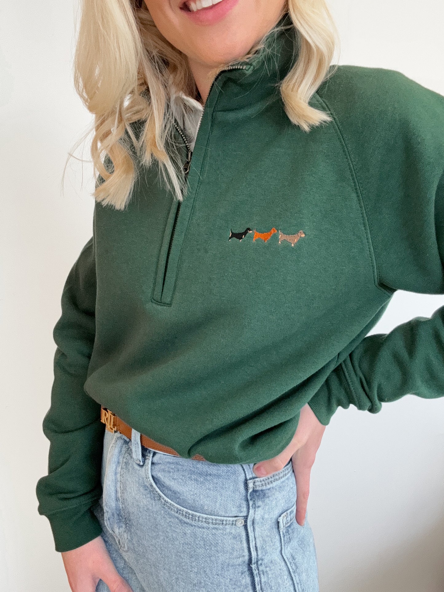 Embroidered Zip Neck Sweat - Dachshunds - Forest Green