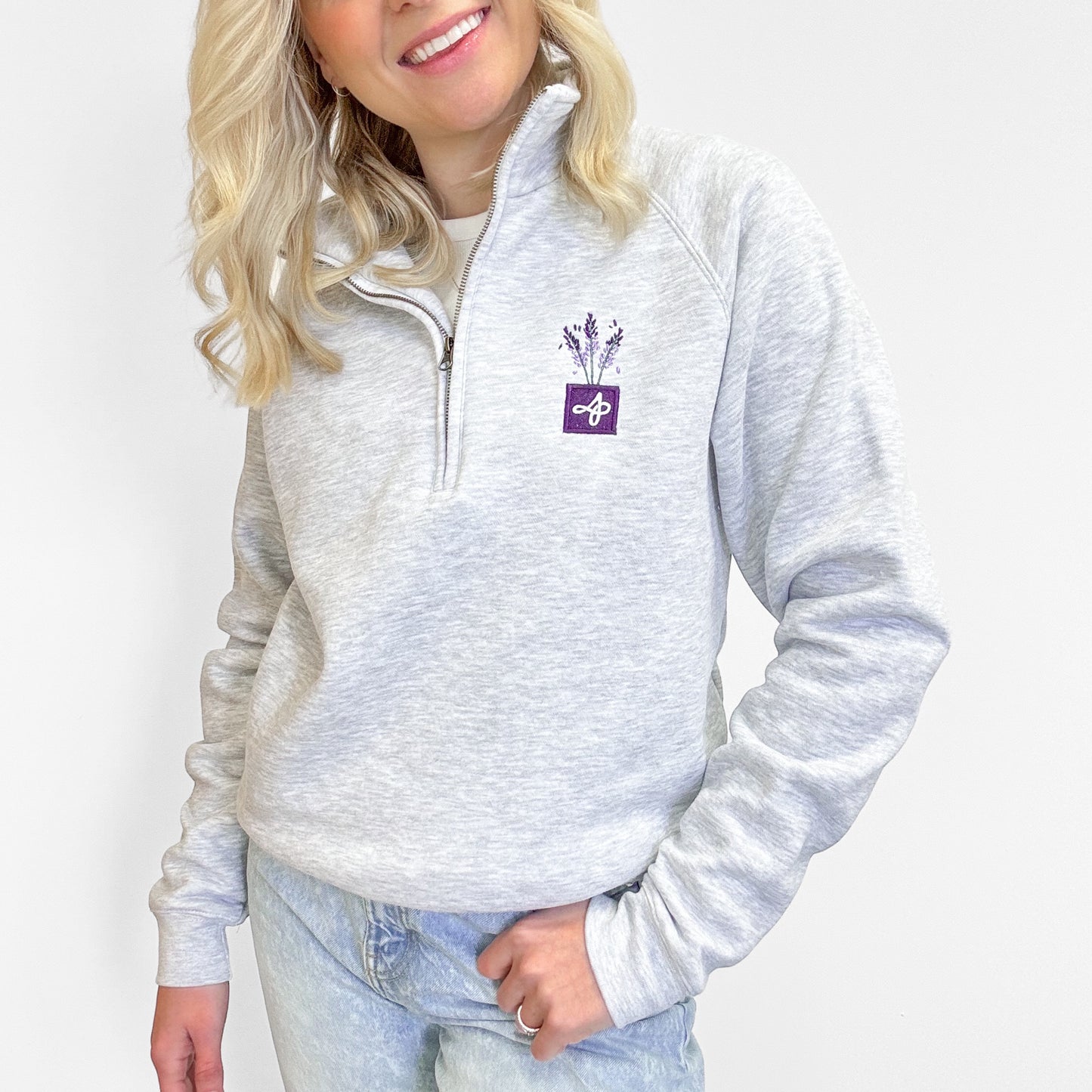 Embroidered Zip Neck Sweat - Lavender Haze - Grey