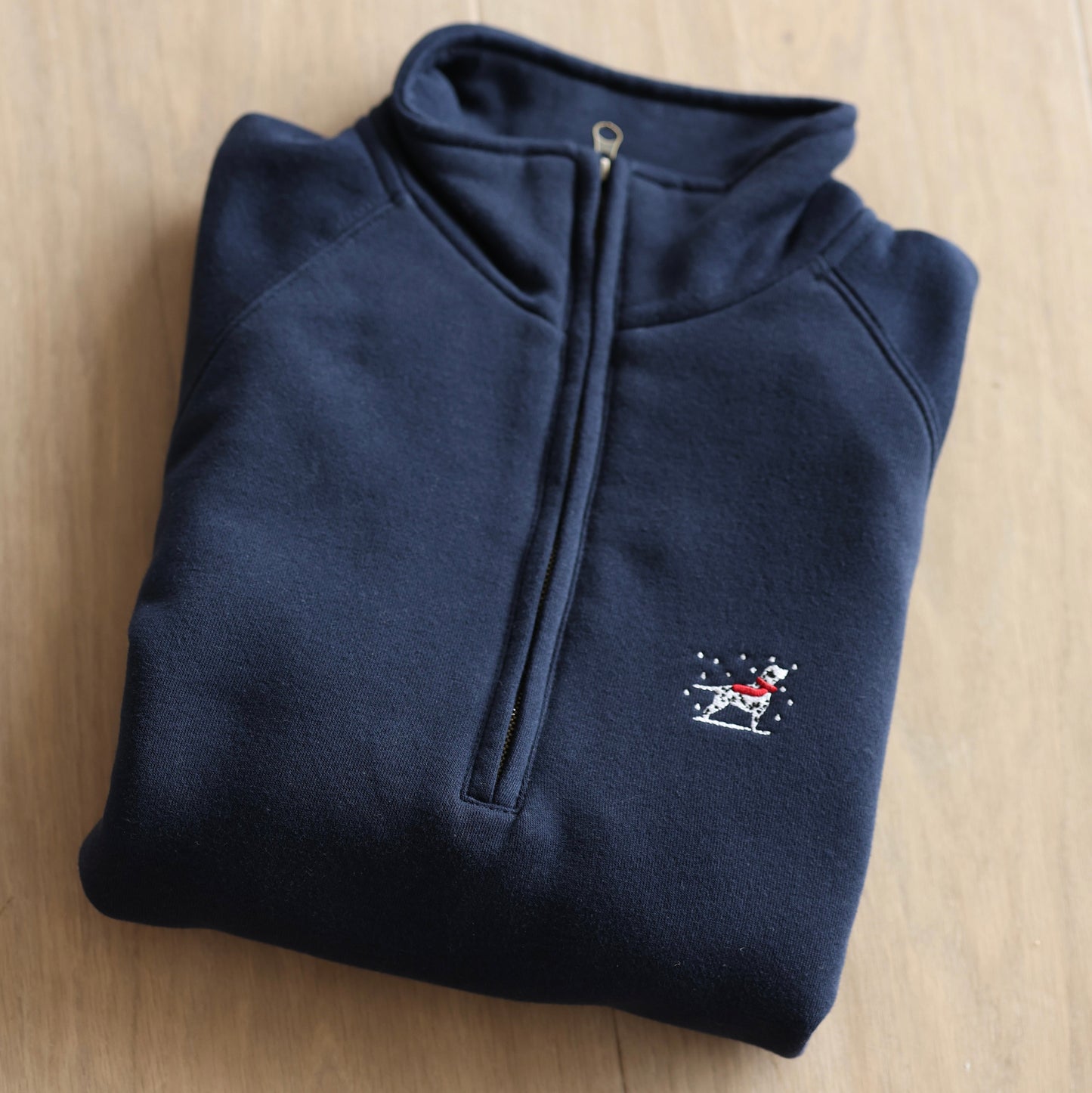 Embroidered Christmas Zip Neck Sweat - Dalmatian - Navy - SAMPLE - Small