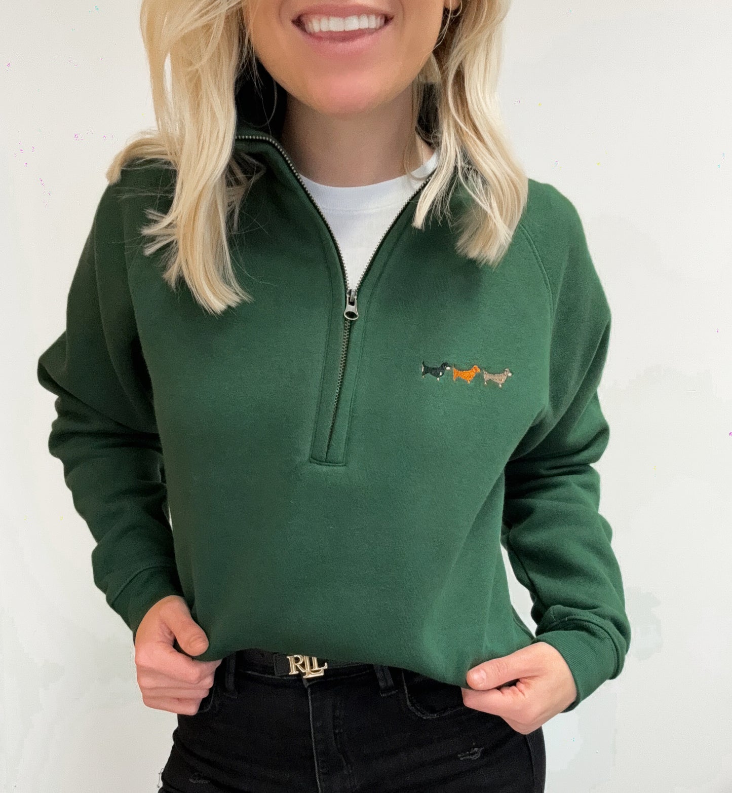 Embroidered Zip Neck Sweat - Dachshunds - Forest Green