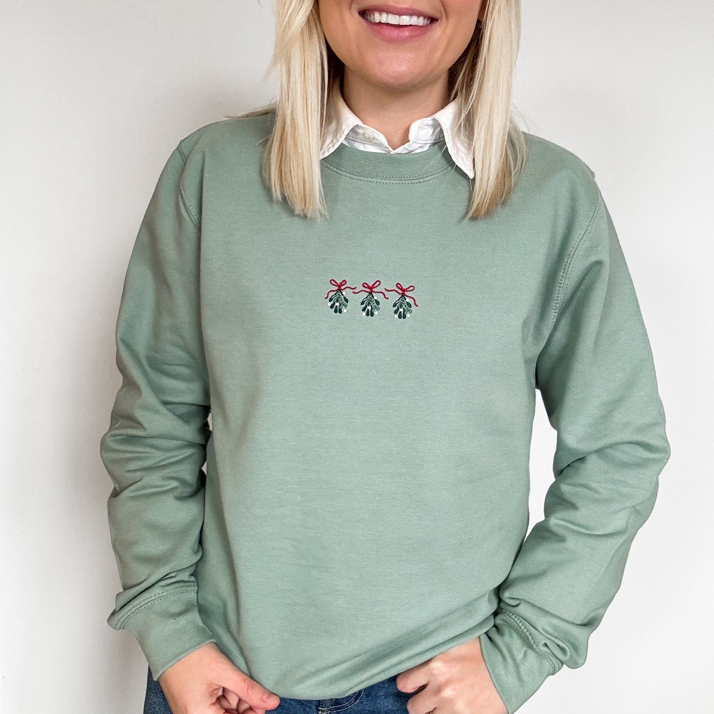 Embroidered Lightweight Sweatshirt - Christmas Traditions - Sage