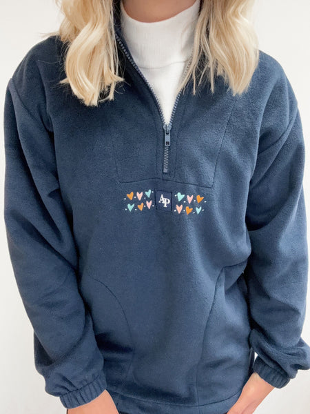 Embroidered Oversized Outdoor Zip Neck Fleece - Lots Of Love - Navy